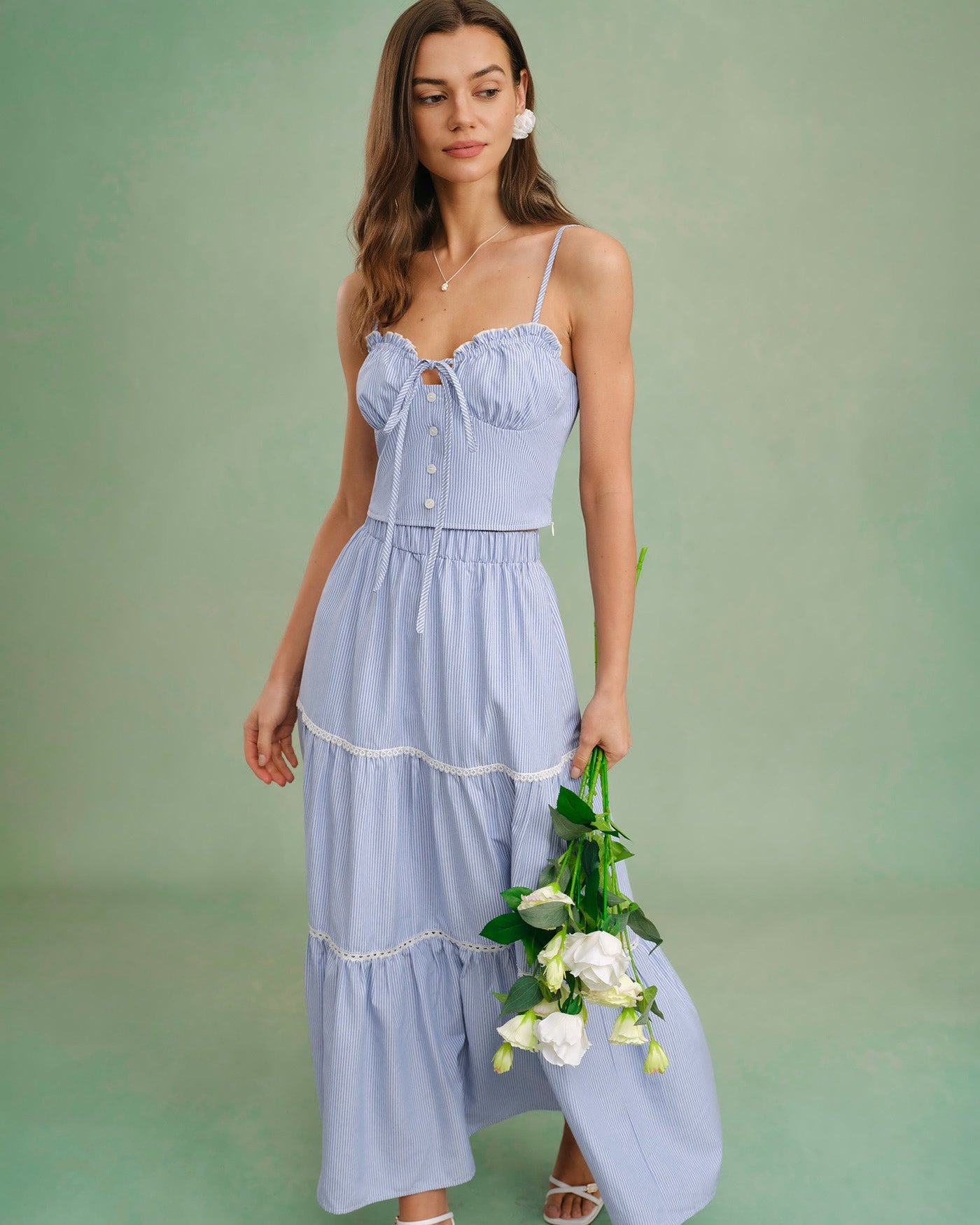 Blue Elastic Waist Midi Skirt