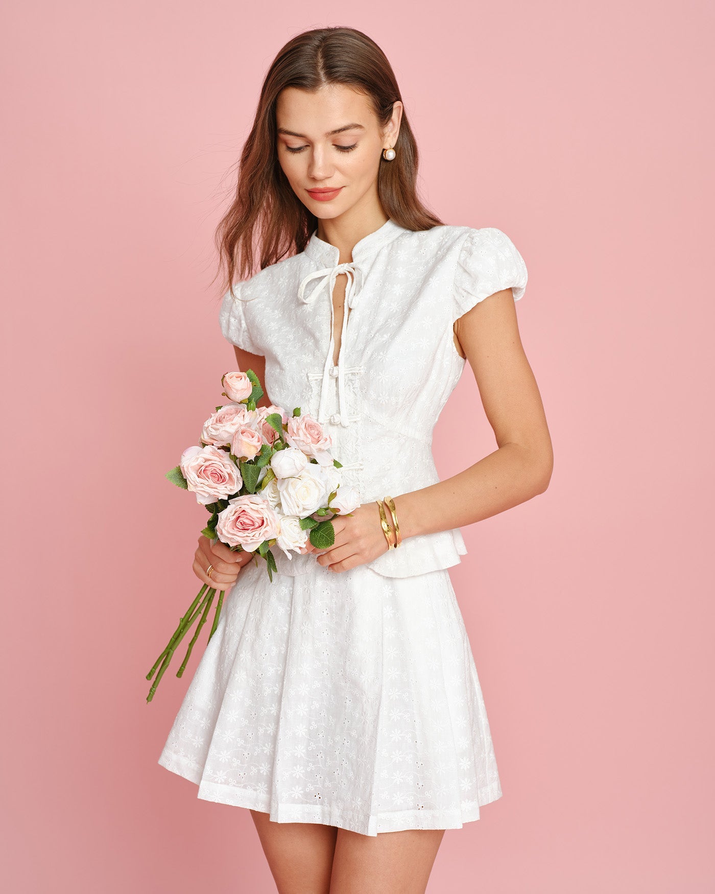 White Embroidery Pockets Mini Skirt