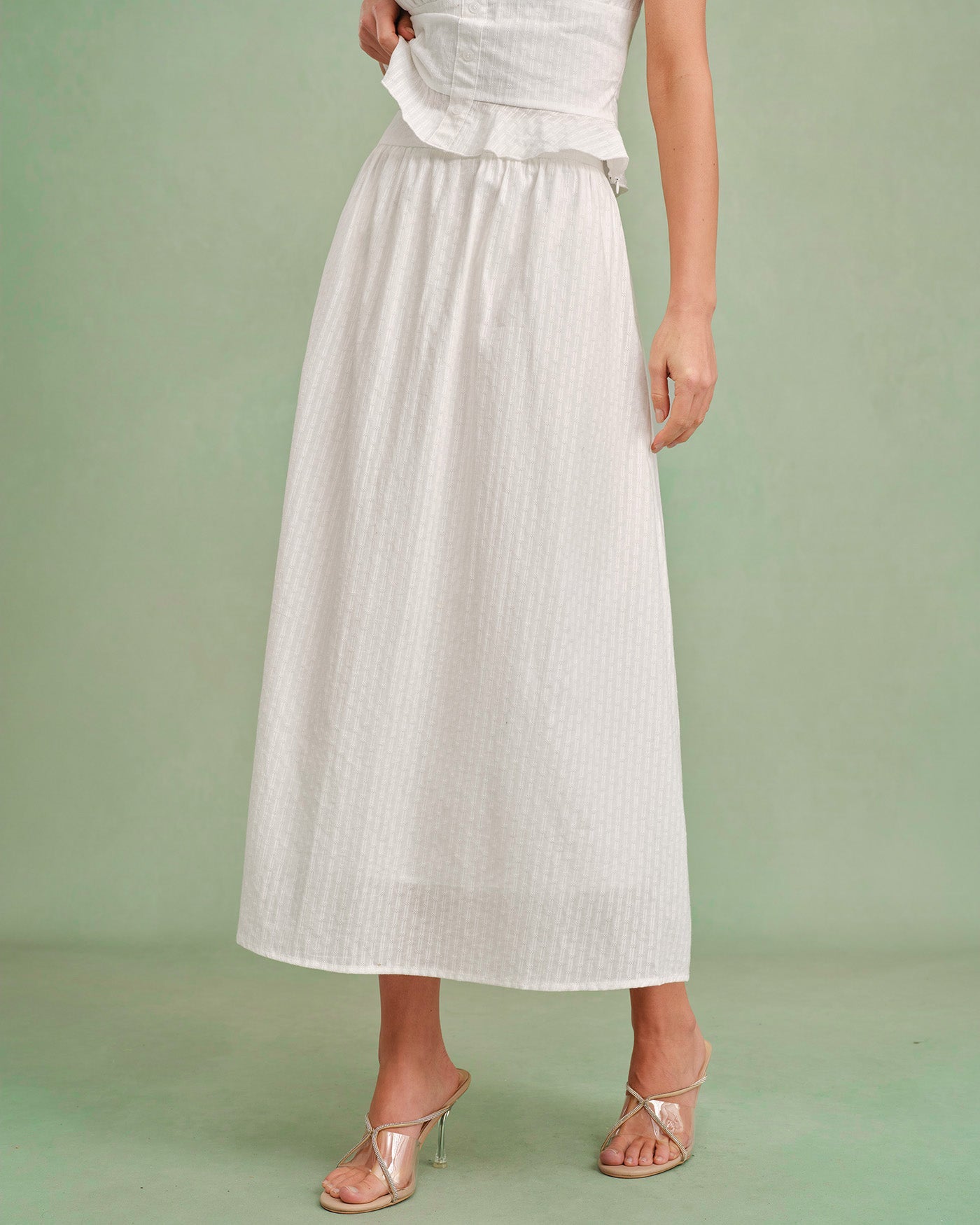 White Solid A-Line Midi Skirt