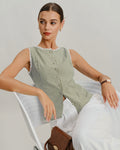 Light Green Boat Neck Plaid Tank Top