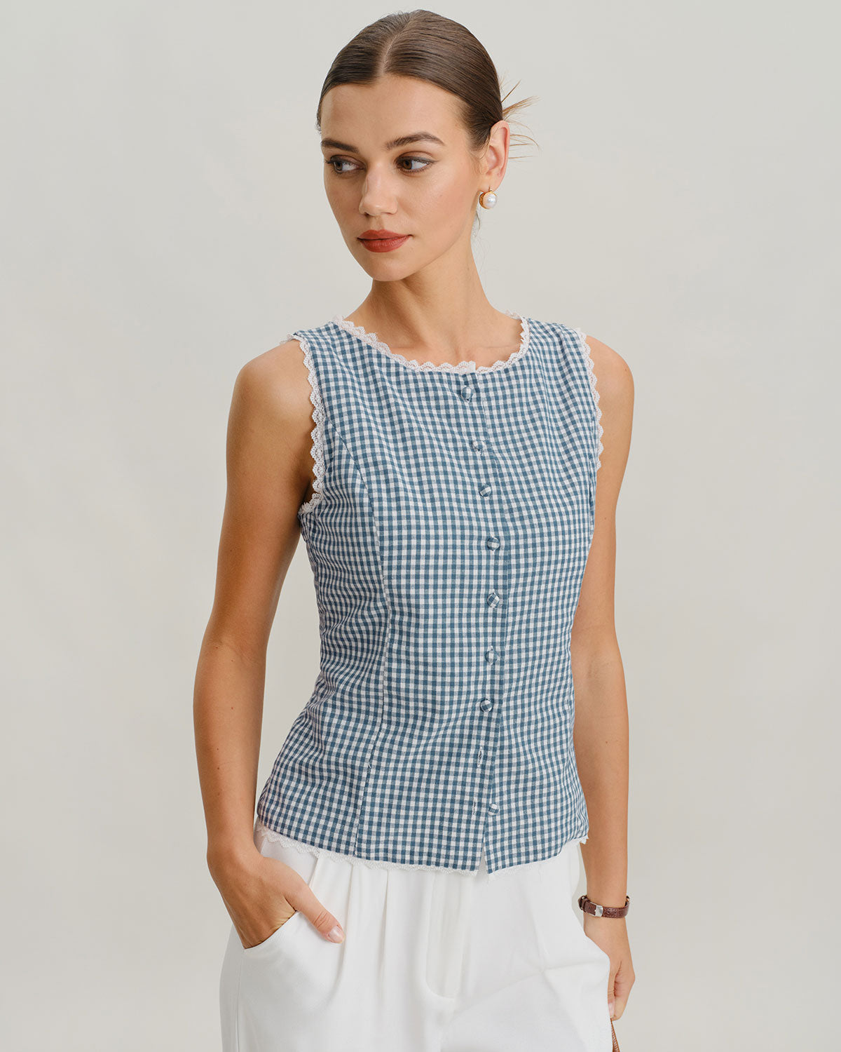 Blue Plaid Sleeveless Tank Top