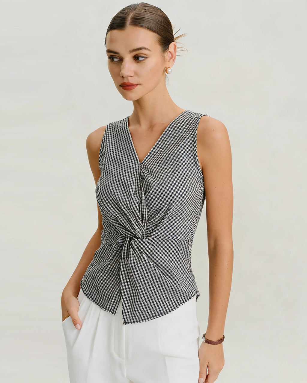 Black V Neck Plaid Tank Top