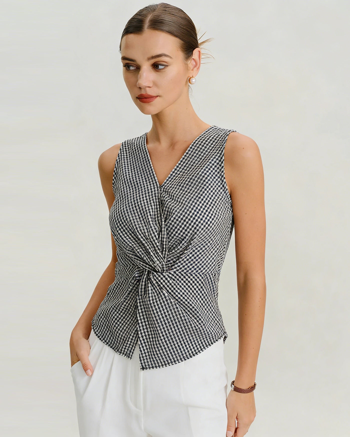 Black V Neck Plaid Tank Top