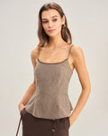 Brown Sleeveless Plaid Shirred Cami Top