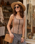 Brown Plaid Shirred Tank Top