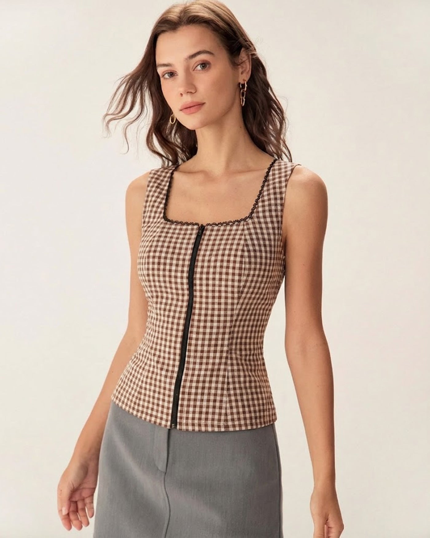 Brown Plaid Shirred Tank Top