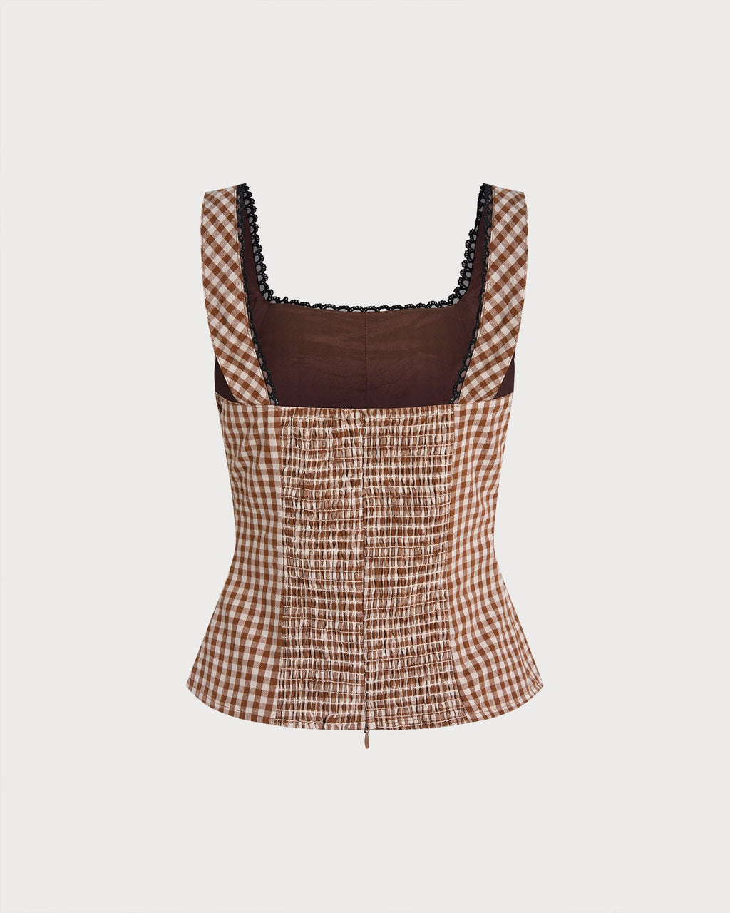 Brown Plaid Shirred Tank Top