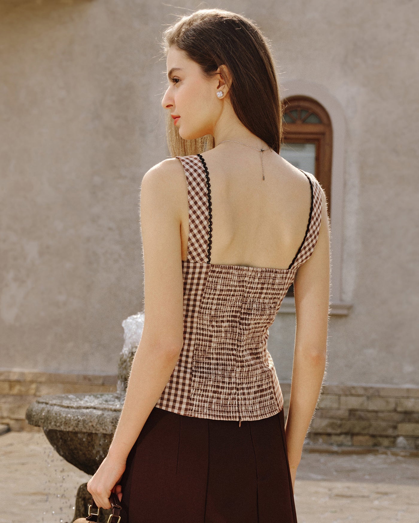 Brown Plaid Shirred Tank Top