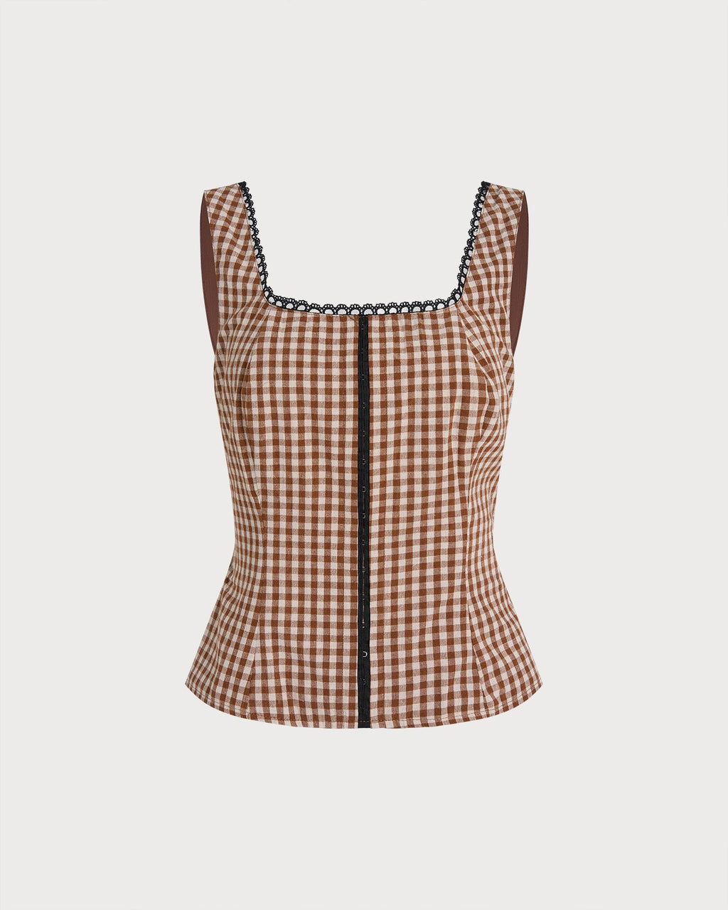 Brown Plaid Shirred Tank Top