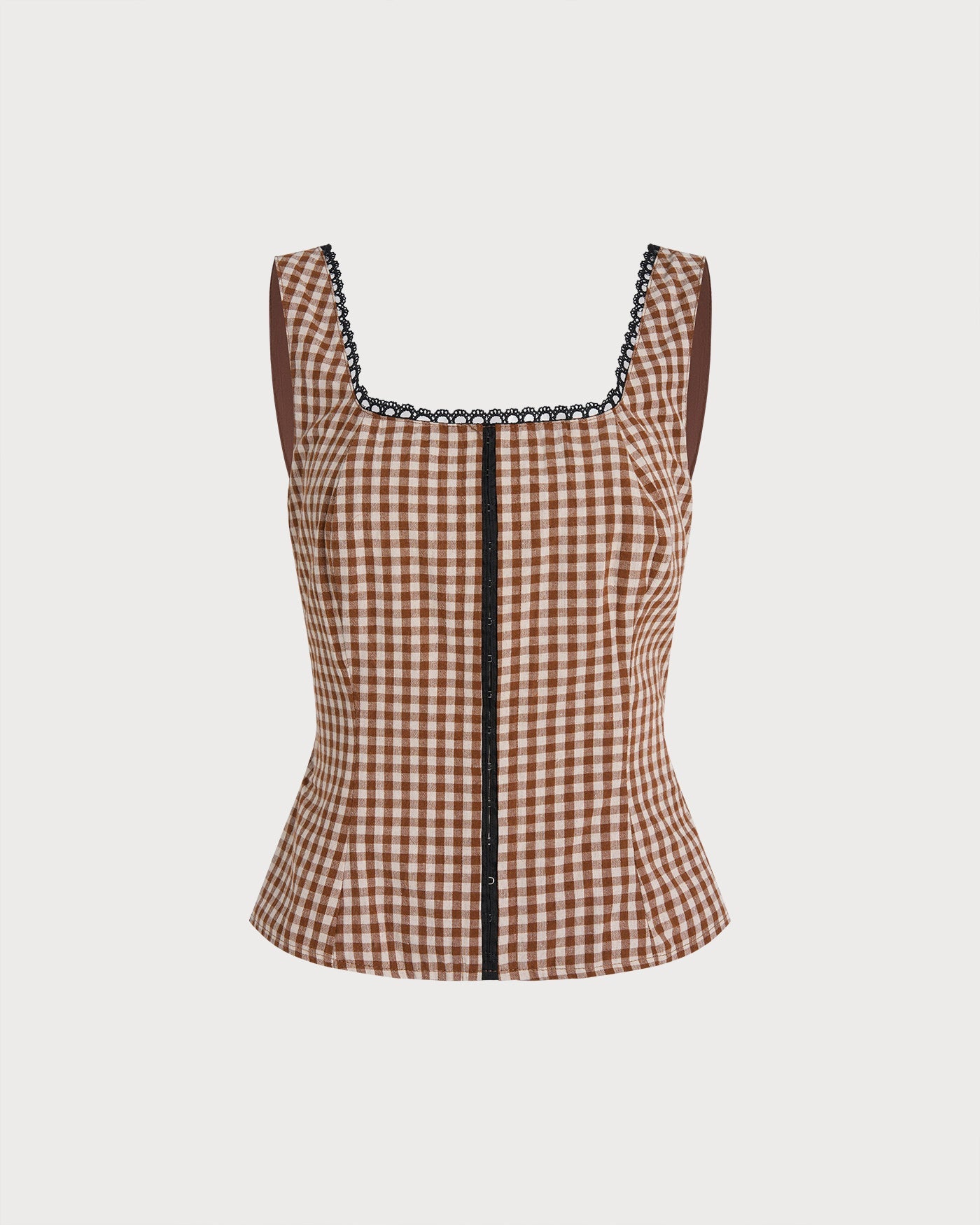 Brown Plaid Shirred Tank Top