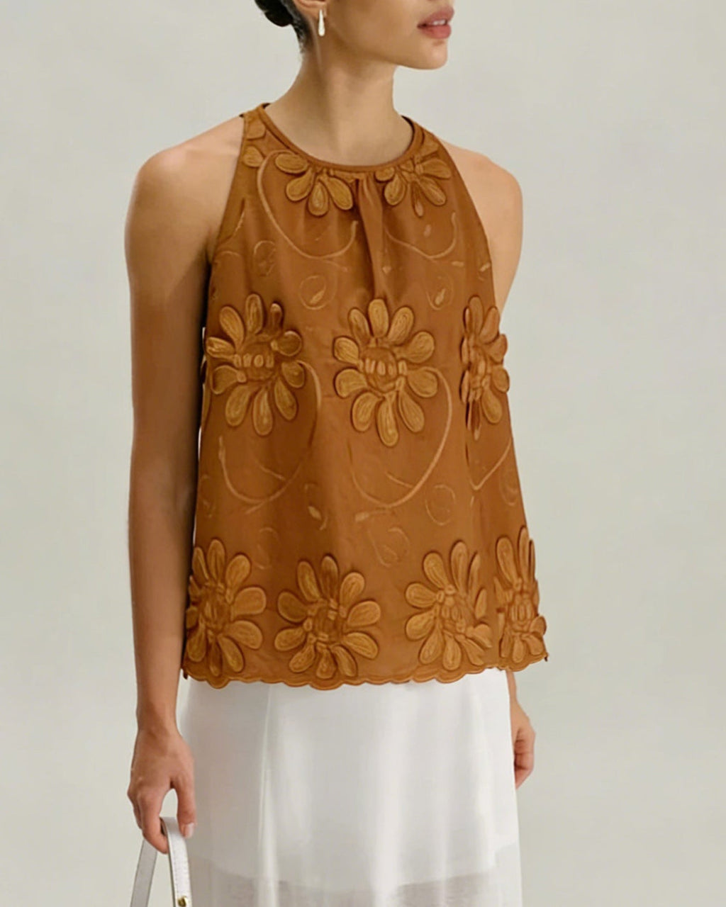 Caramel Round Neck Floral Tank Top