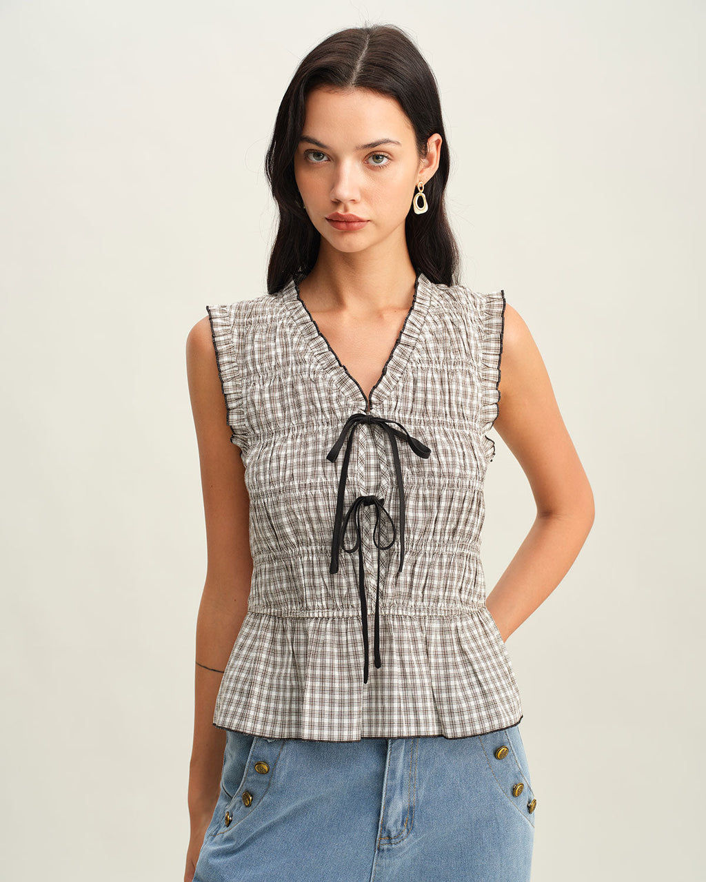 Black Plaid Bowknot Tank Top