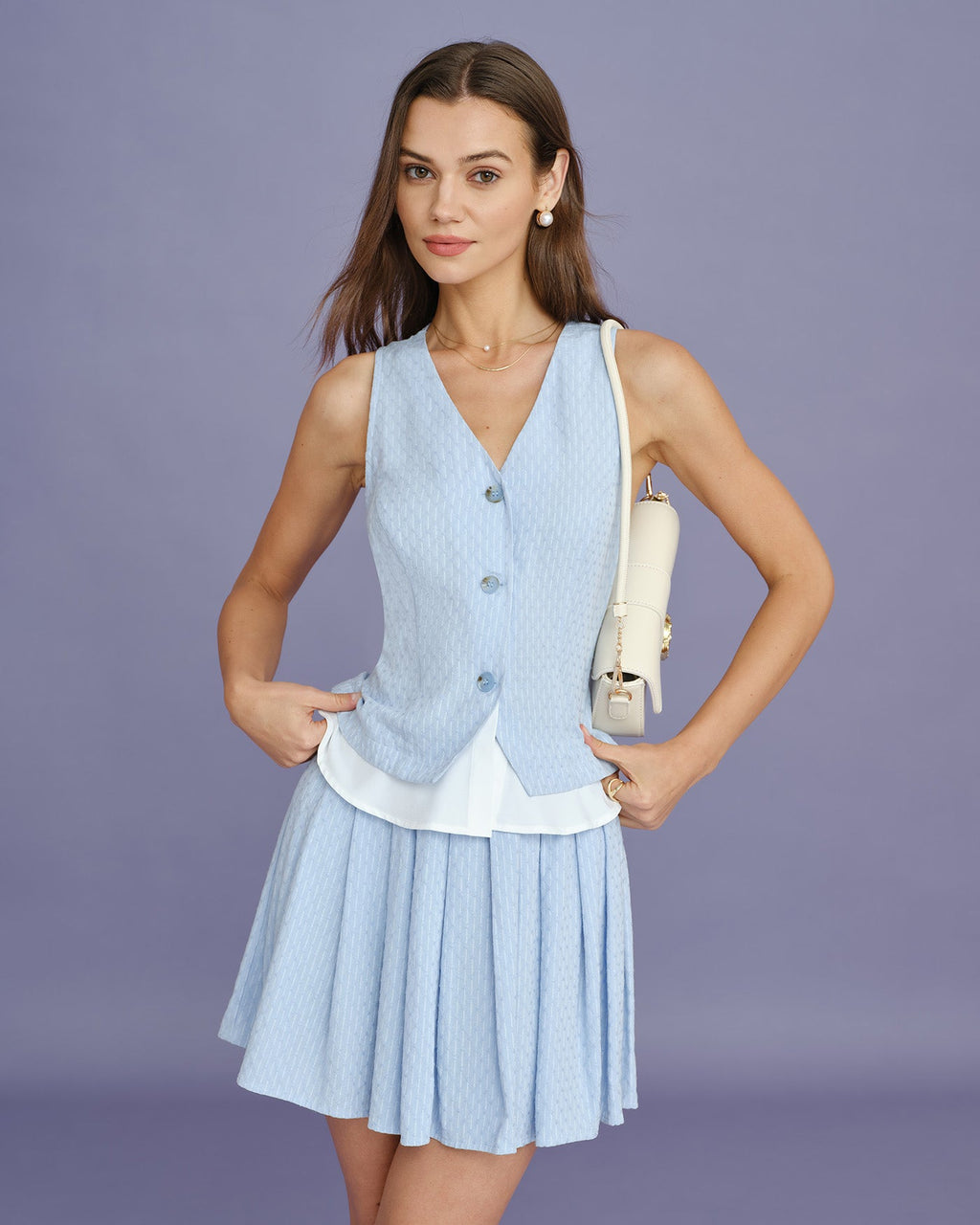 Blue V Neck Textured Single Breasted Vest