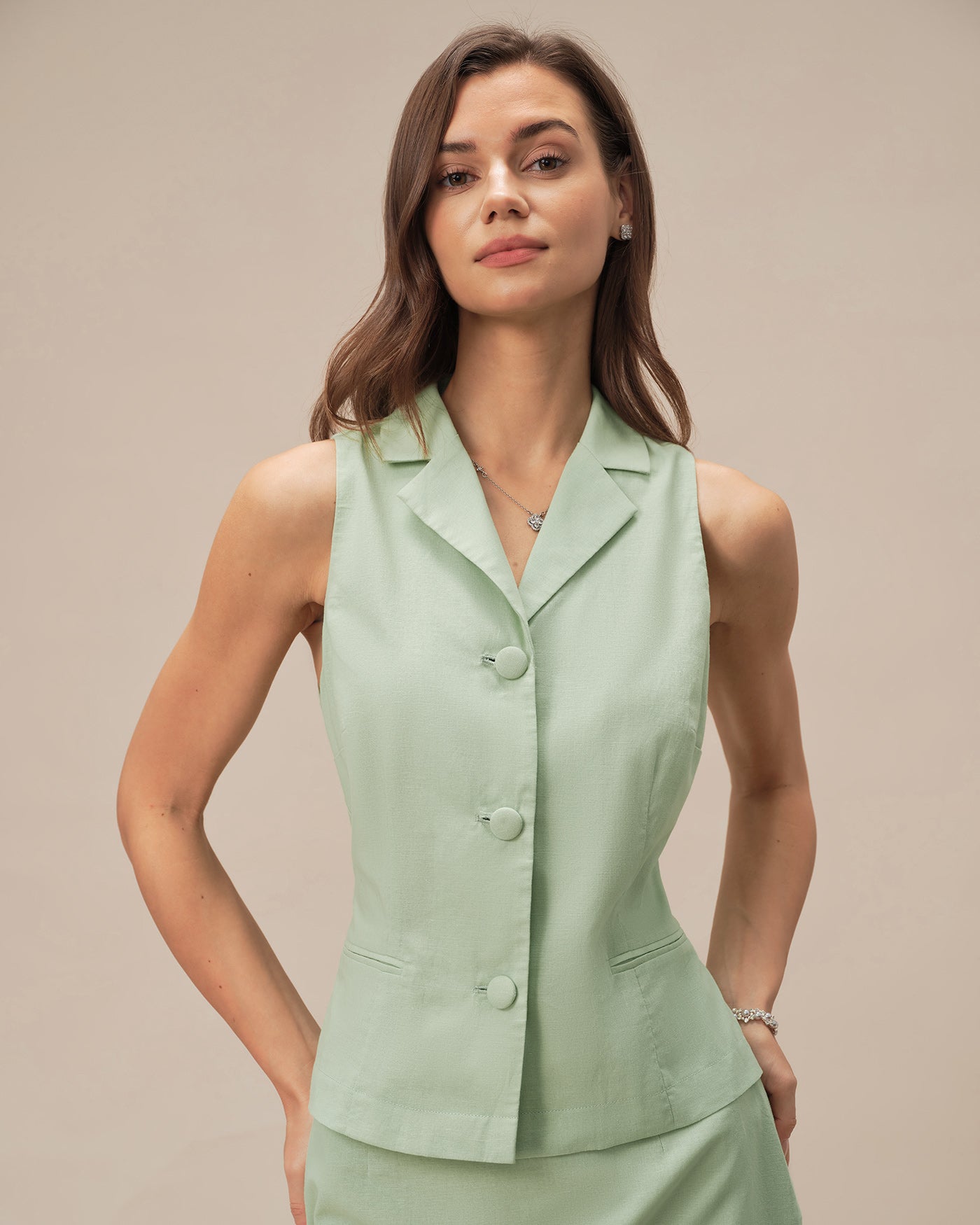 Green Collar Single Breasted Vest