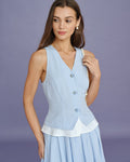 Blue V Neck Textured Single Breasted Vest