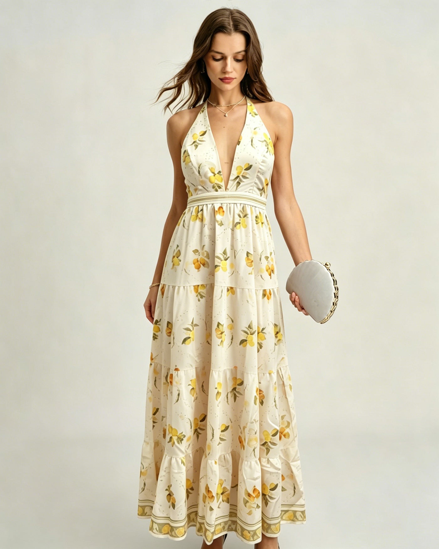 Apricot Halter Floral Maxi Dress