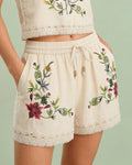 Apricot Embroidery Elastic Waist Shorts
