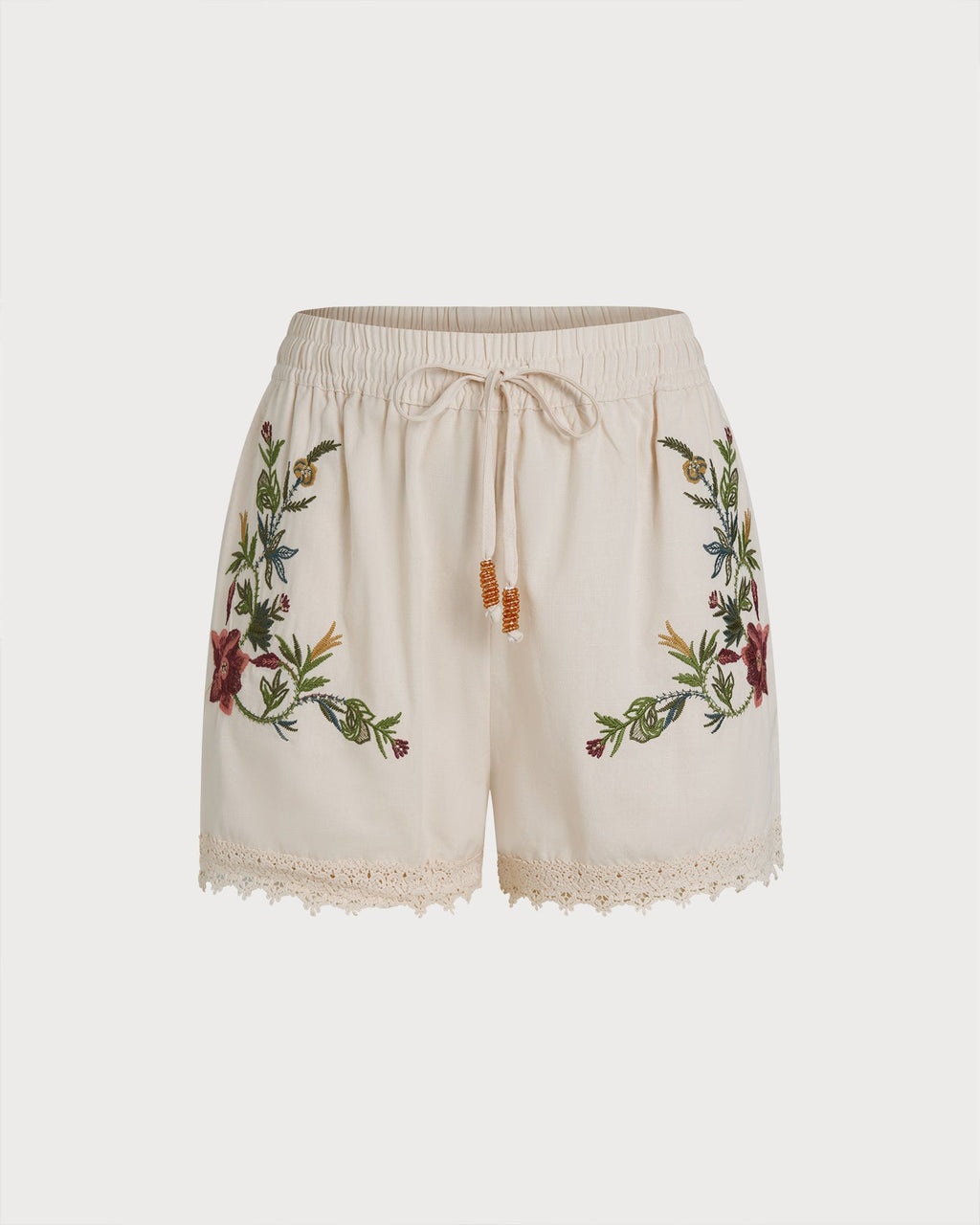 Apricot Embroidery Elastic Waist Shorts