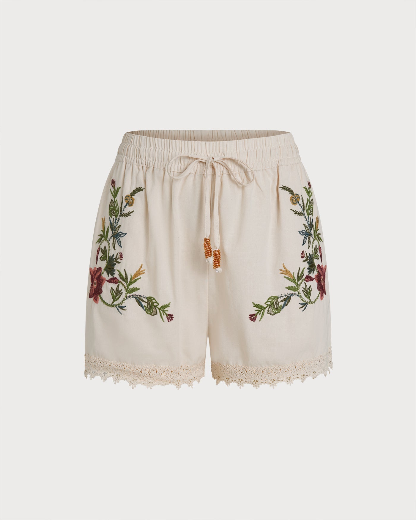 Apricot Embroidery Elastic Waist Shorts