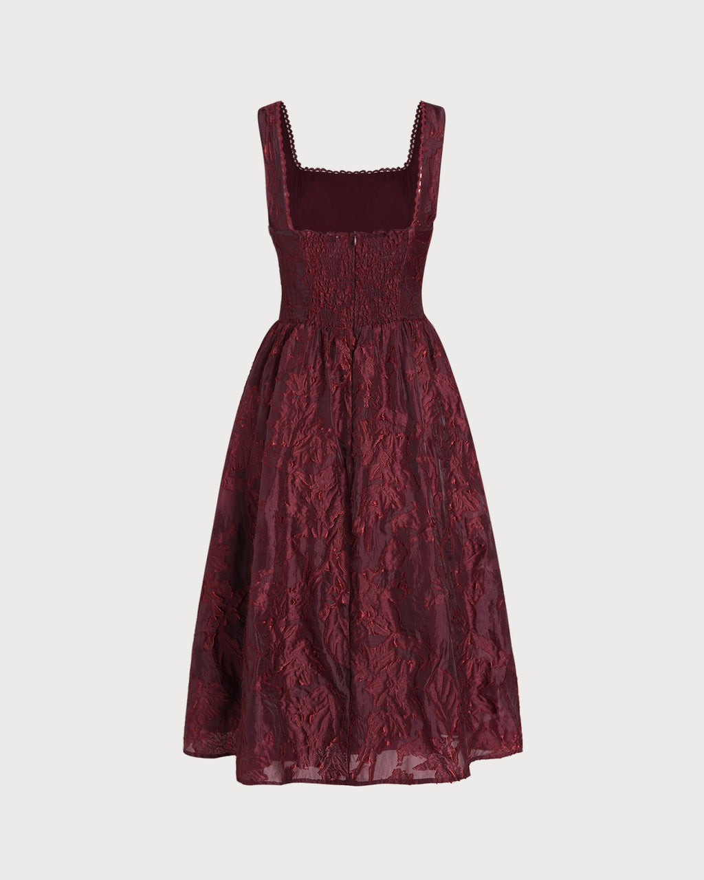 Wine Red Square Neck Jacquard Midi Dress