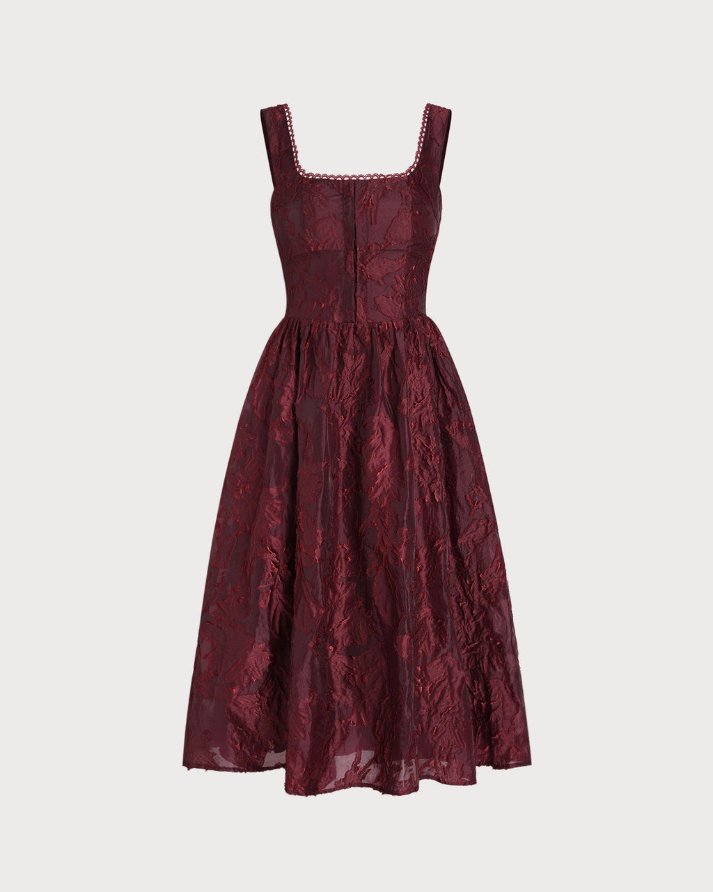 Wine Red Square Neck Jacquard Midi Dress