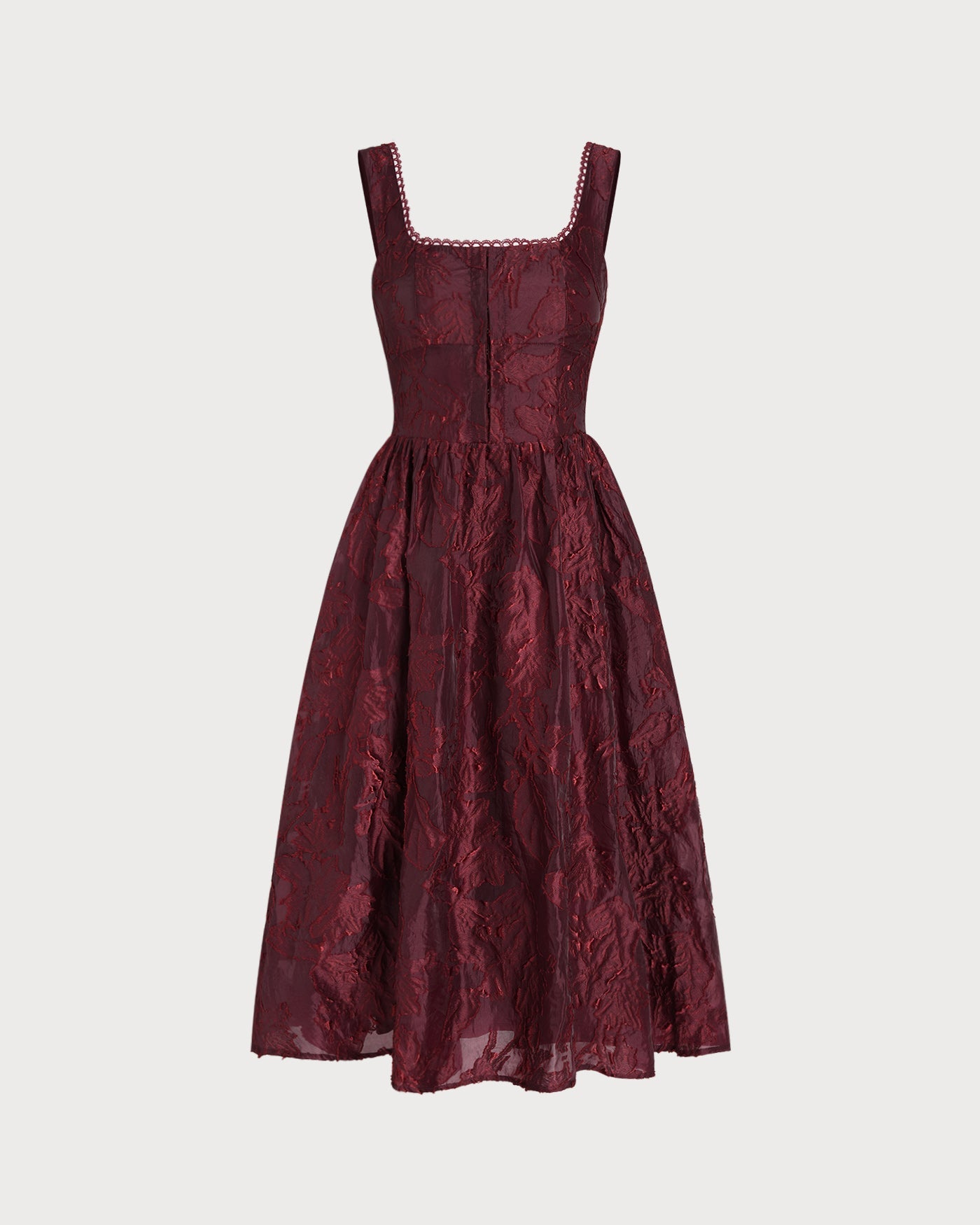 Wine Red Square Neck Jacquard Midi Dress