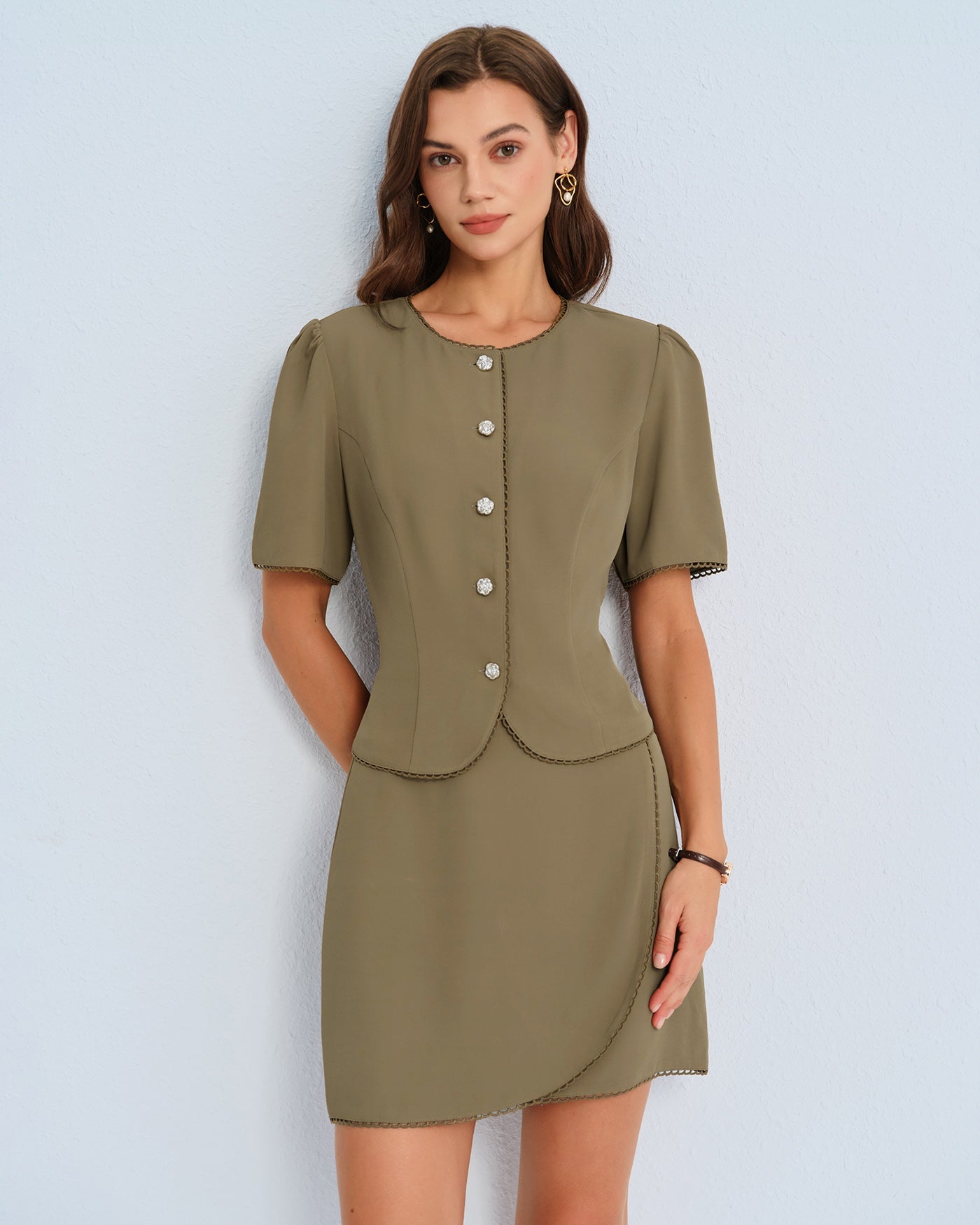 Khaki Puffed Sleeve Blouse