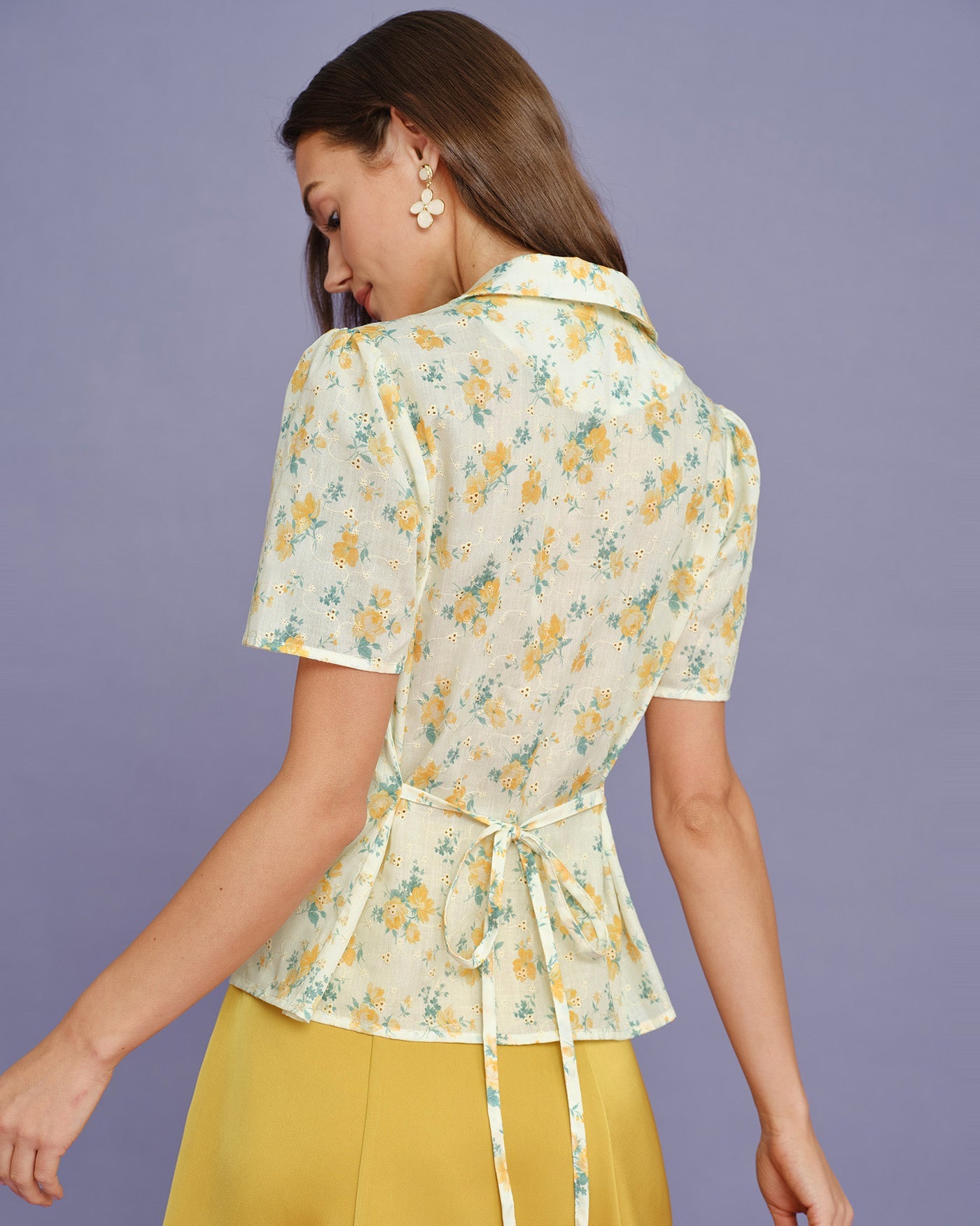 Yellow Collar Puffed Sleeve Floral Blouse