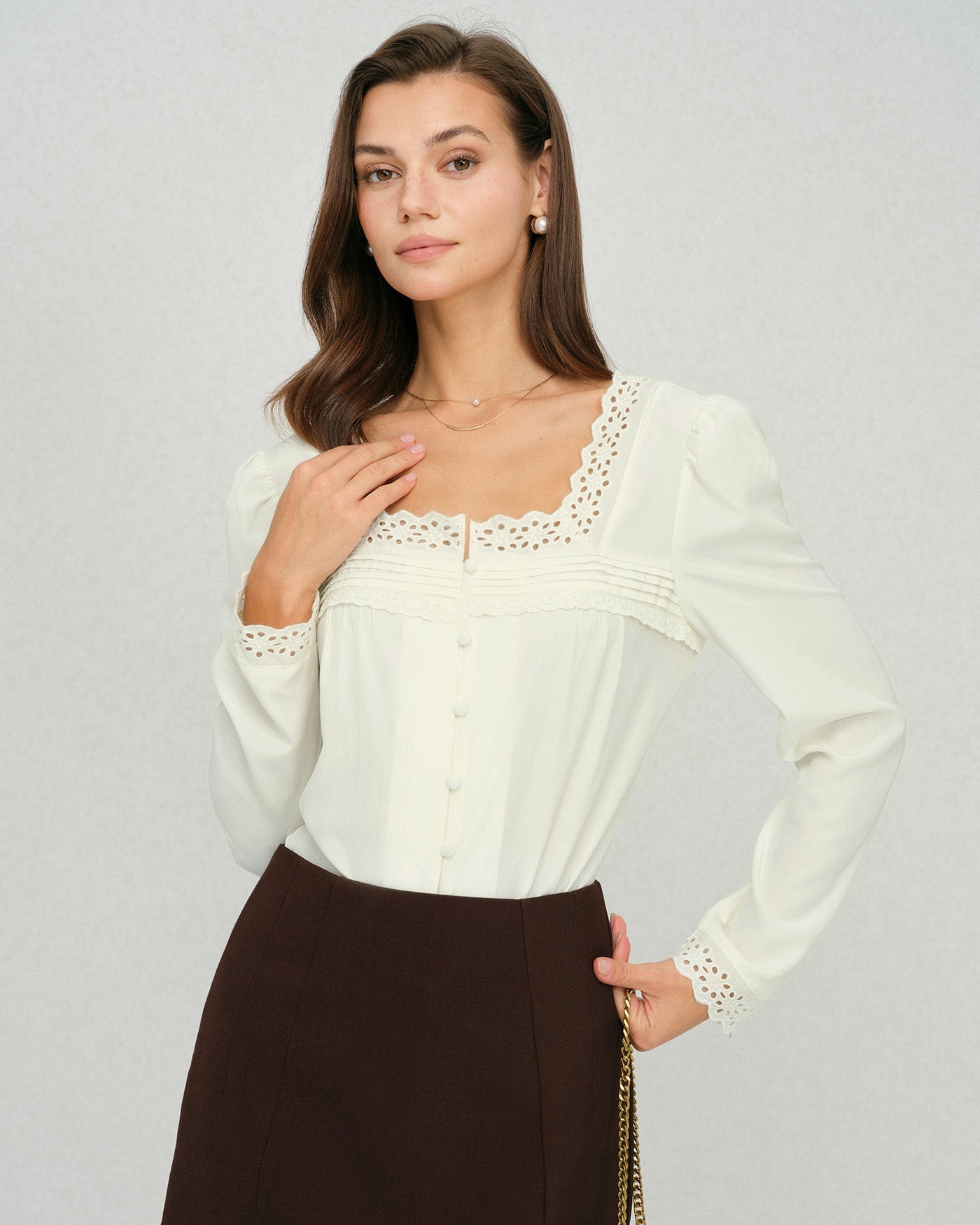 Beige Square Neck Lace Blouse