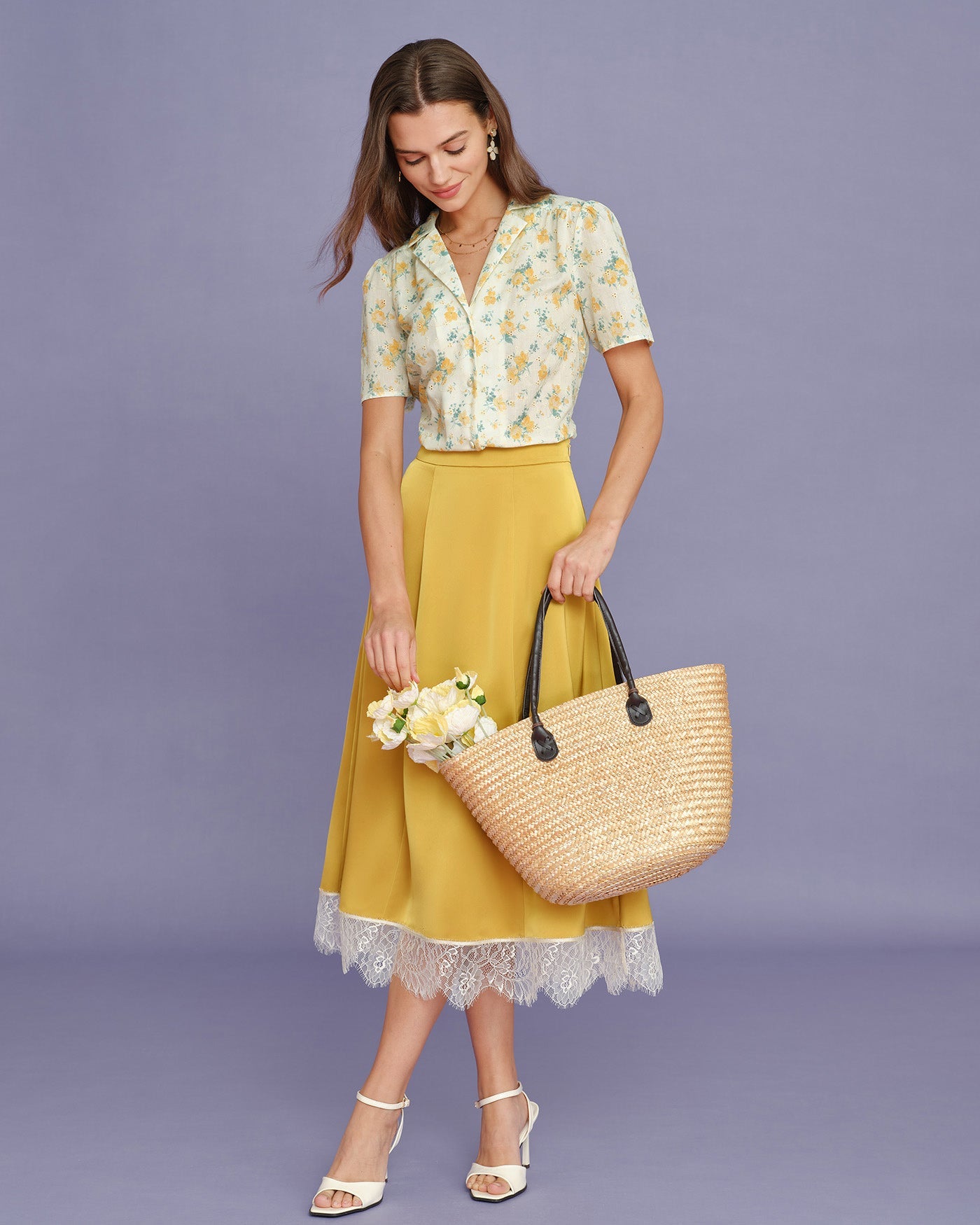 Yellow Collar Puffed Sleeve Floral Blouse