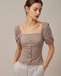 Brown Square Neck Puffed Sleeve Plaid Blouse