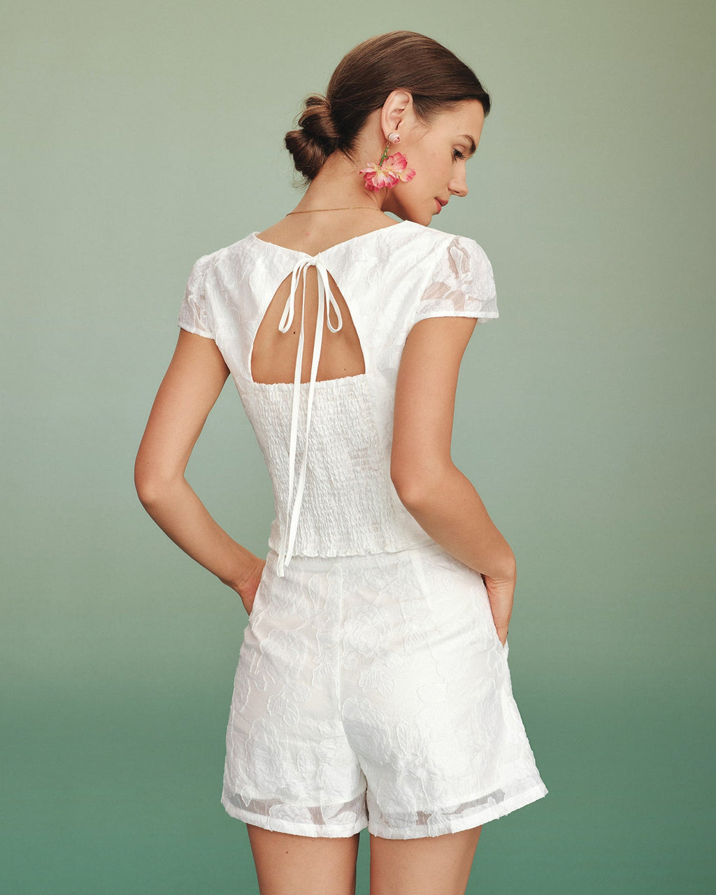 White Square Neck Jacquard Blouse