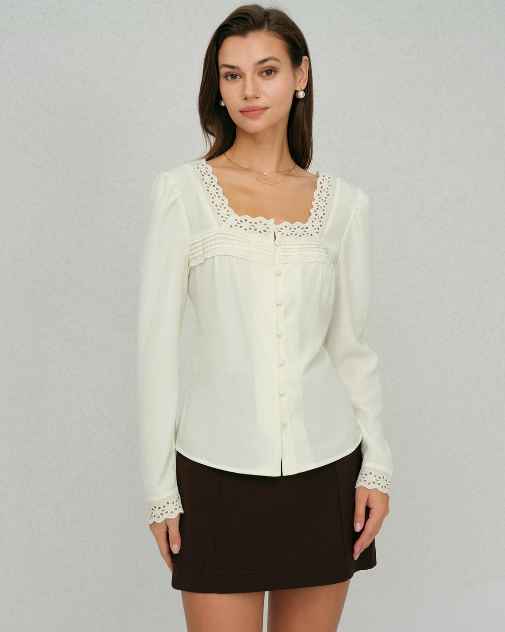 Beige Square Neck Lace Blouse
