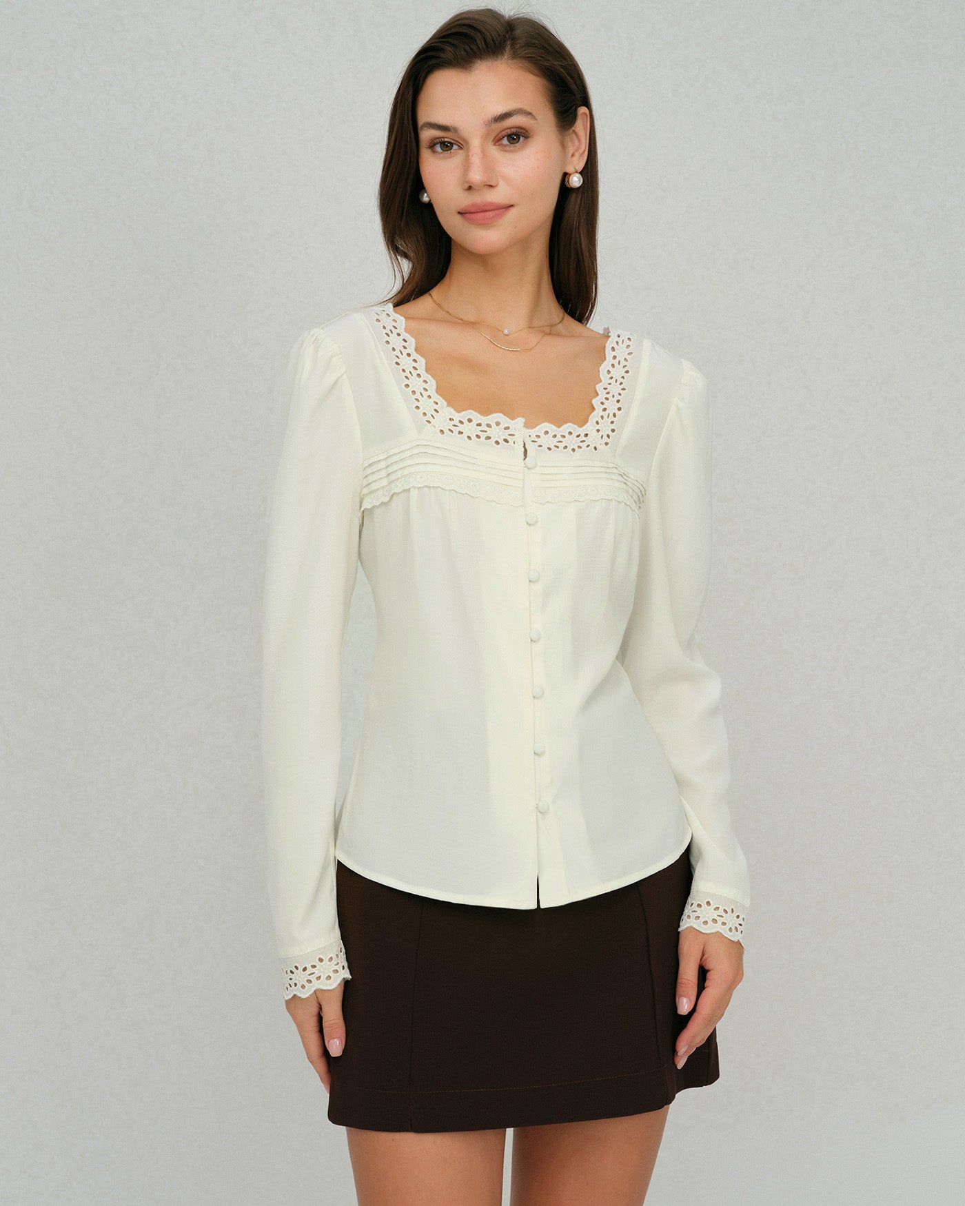 Beige Square Neck Lace Blouse