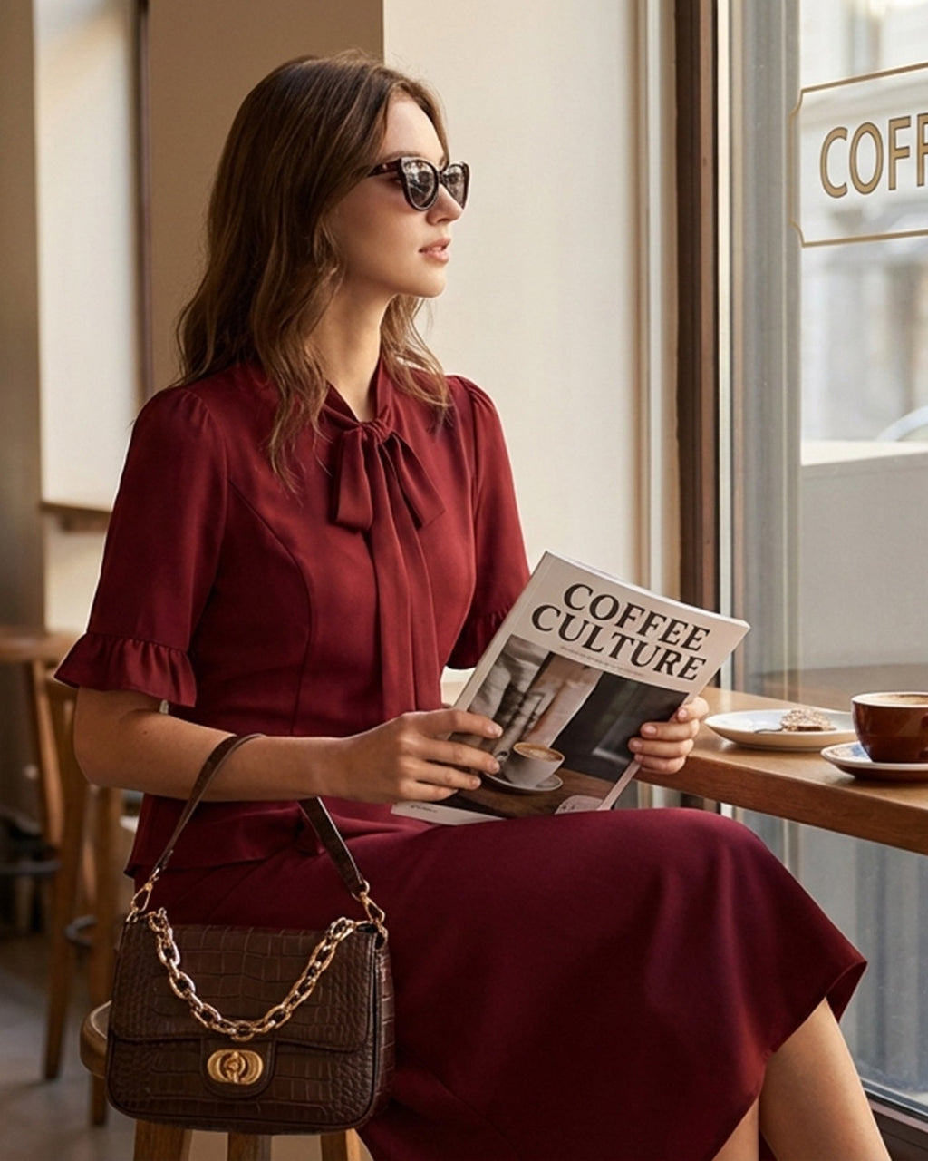 Red Puffed Sleeve Blouse