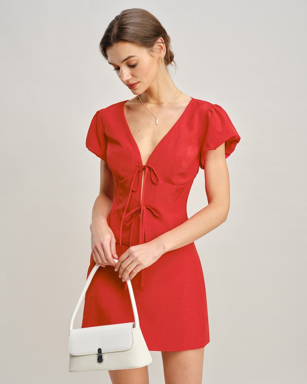 Red V Neck Tie Blouse