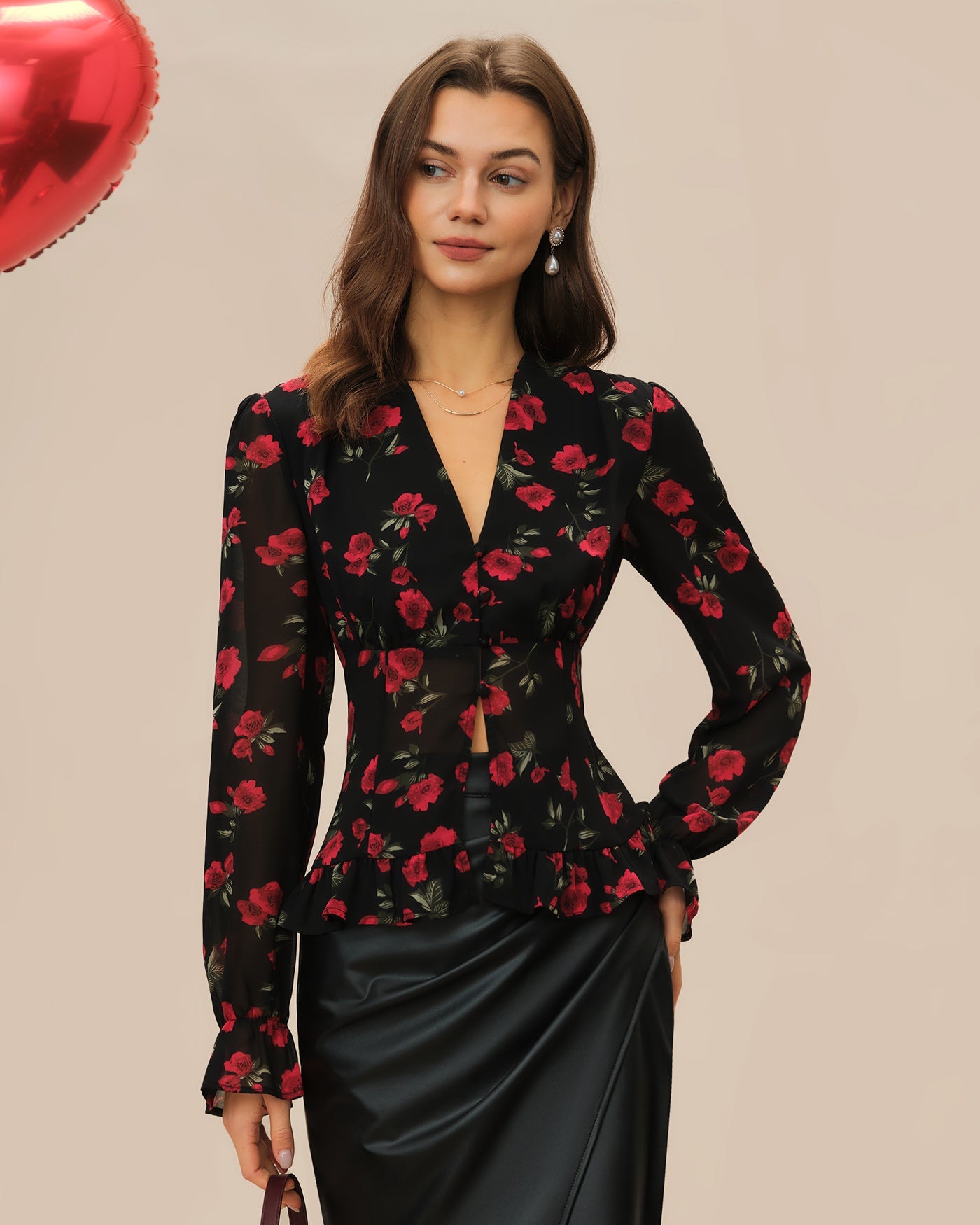 Black Floral V Neck Blouse