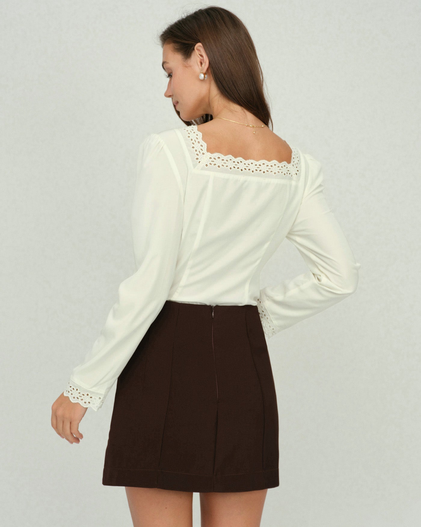 Beige Square Neck Lace Blouse