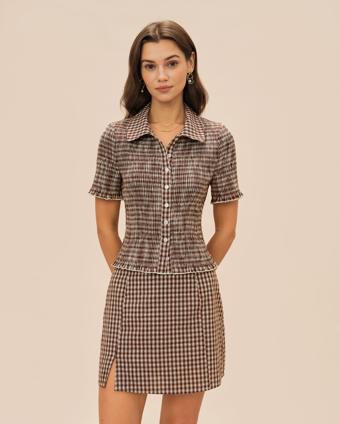 Brown Plaid Button Collar Blouse