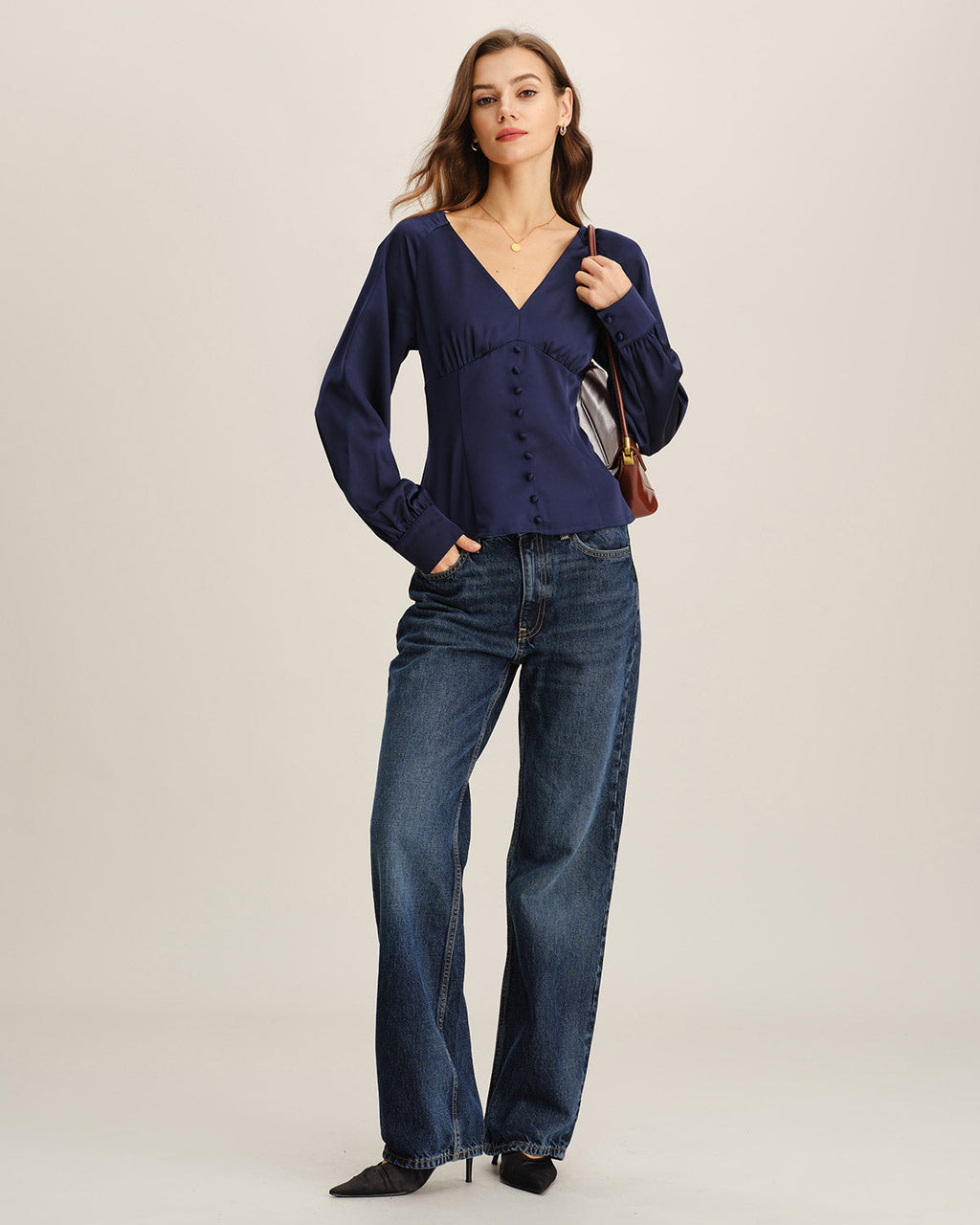 Navy Satin V Neck Ruched Blouse