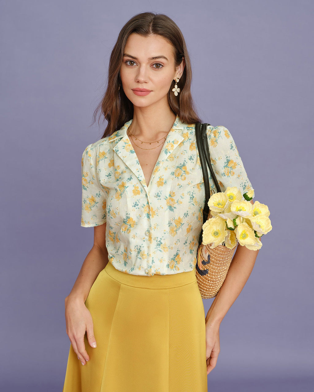 Yellow Collar Puffed Sleeve Floral Blouse
