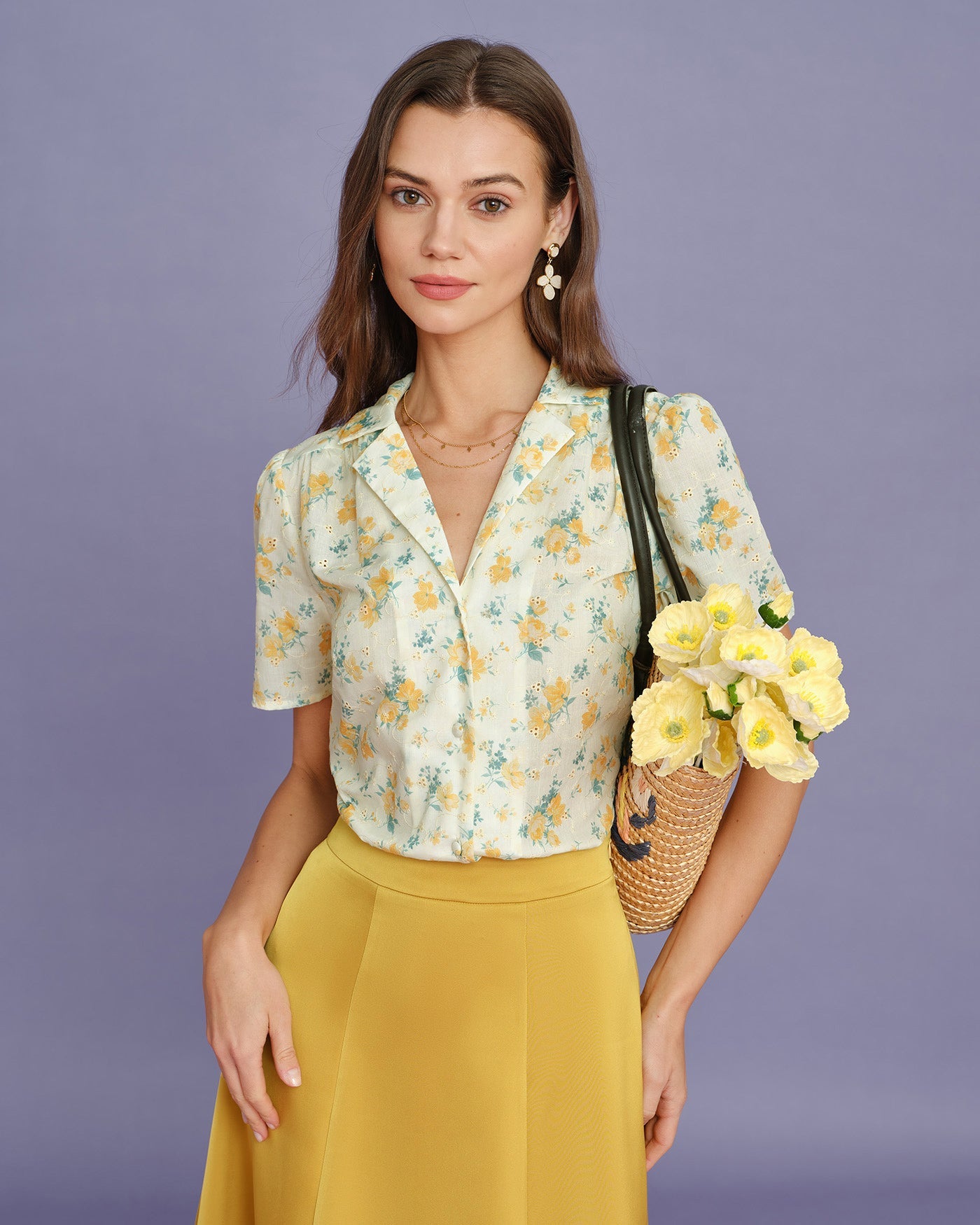 Yellow Collar Puffed Sleeve Floral Blouse