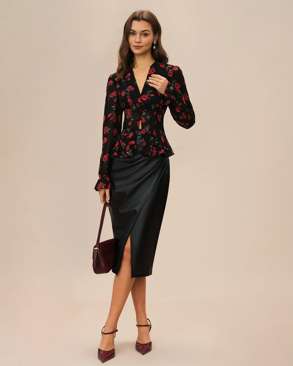 Black Floral V Neck Blouse