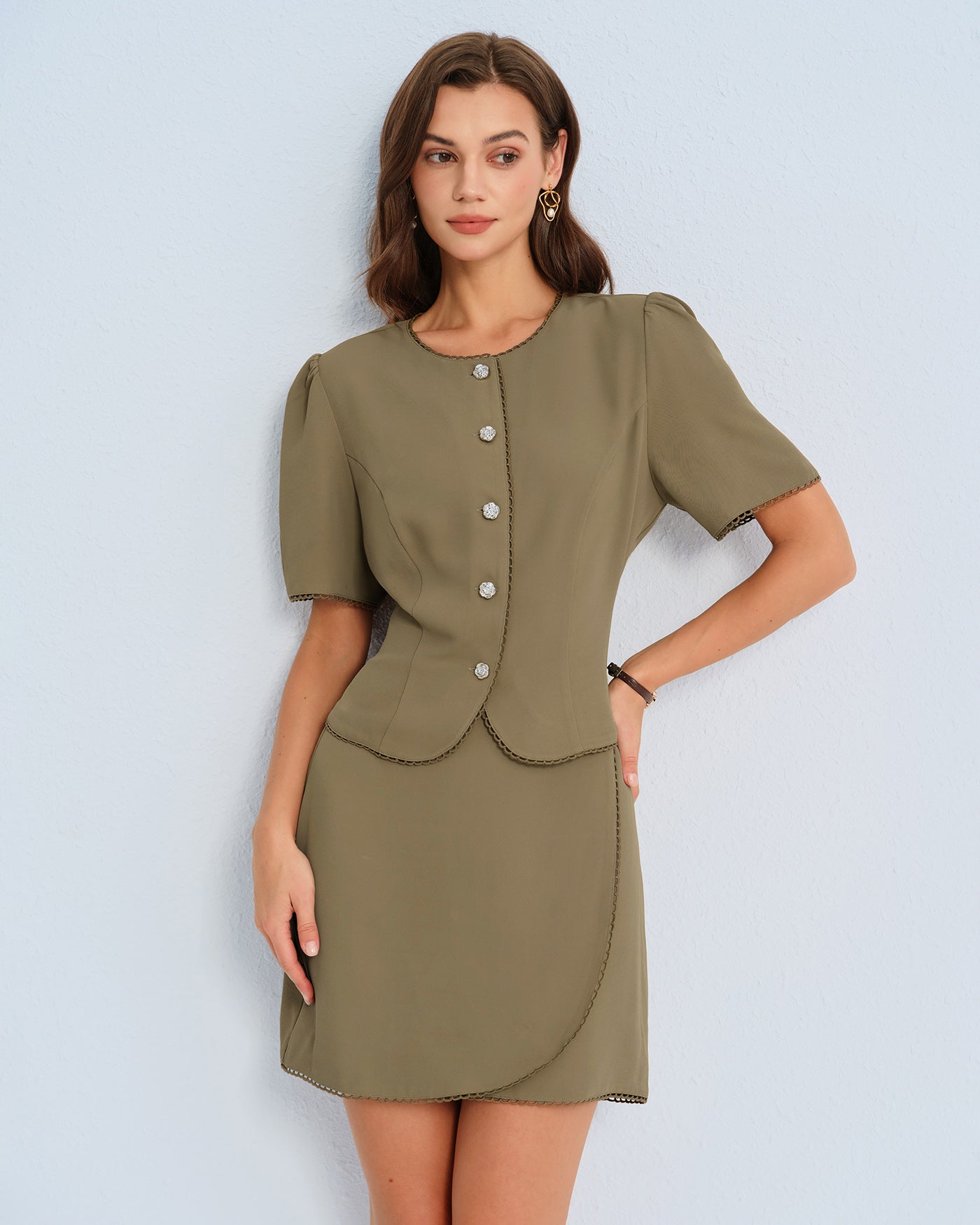 Khaki Puffed Sleeve Blouse