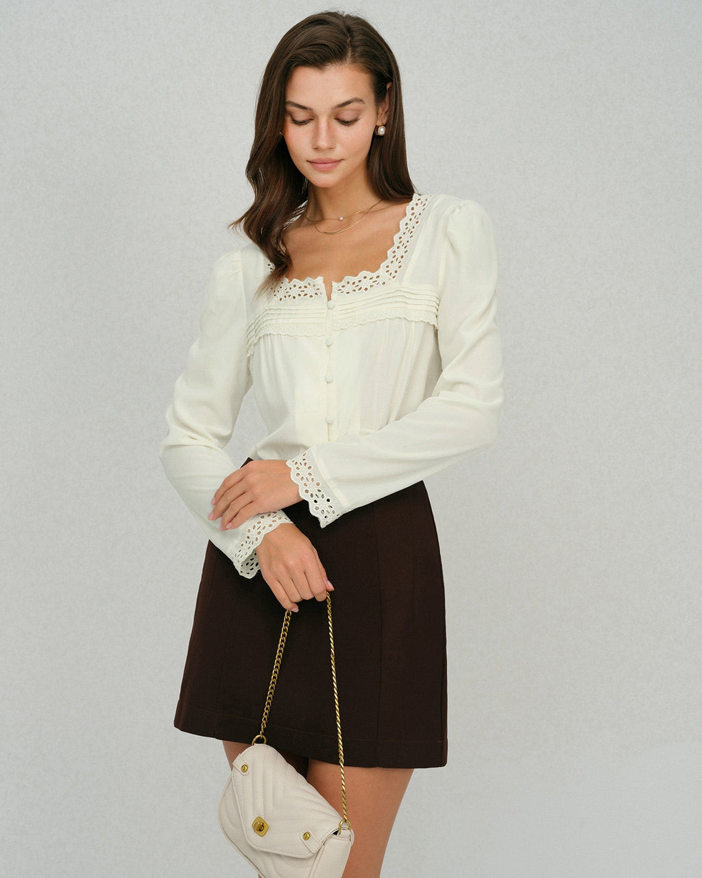 Beige Square Neck Lace Blouse