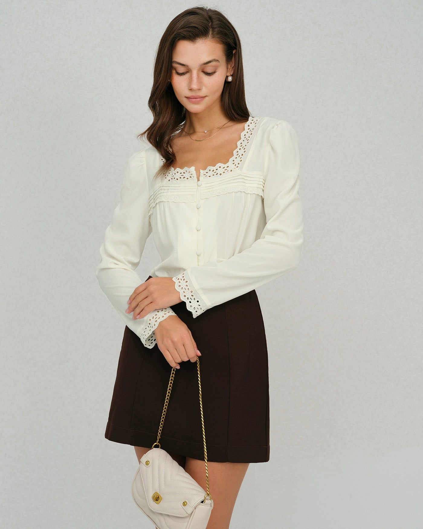 Beige Square Neck Lace Blouse