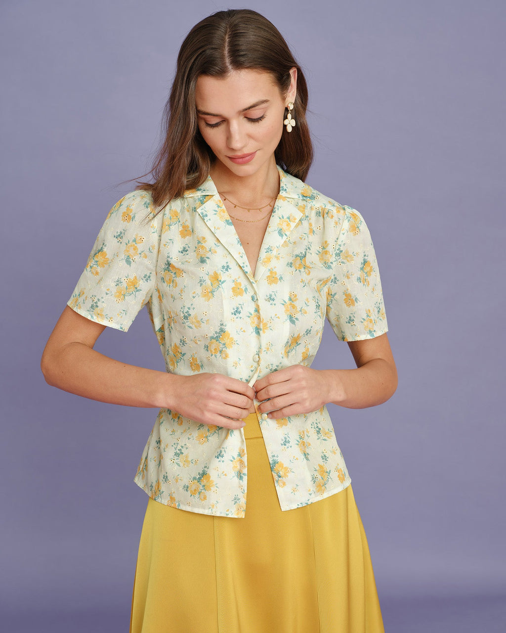 Yellow Collar Puffed Sleeve Floral Blouse