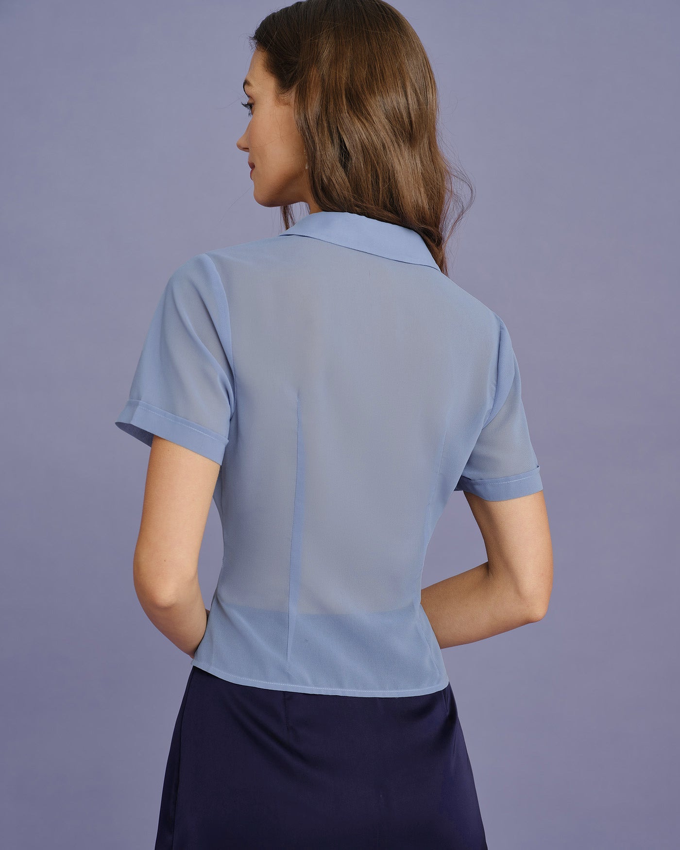 Blue Collar Button Chiffon Blouse