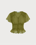 Green V Neck Ruched Blouse