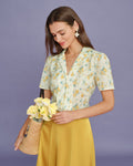 Yellow Collar Puffed Sleeve Floral Blouse